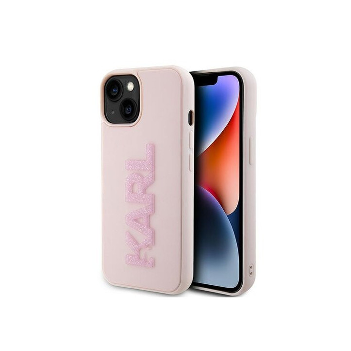 ETUI KARL 3D LOGO GLITTER IPHONE 15 PINK