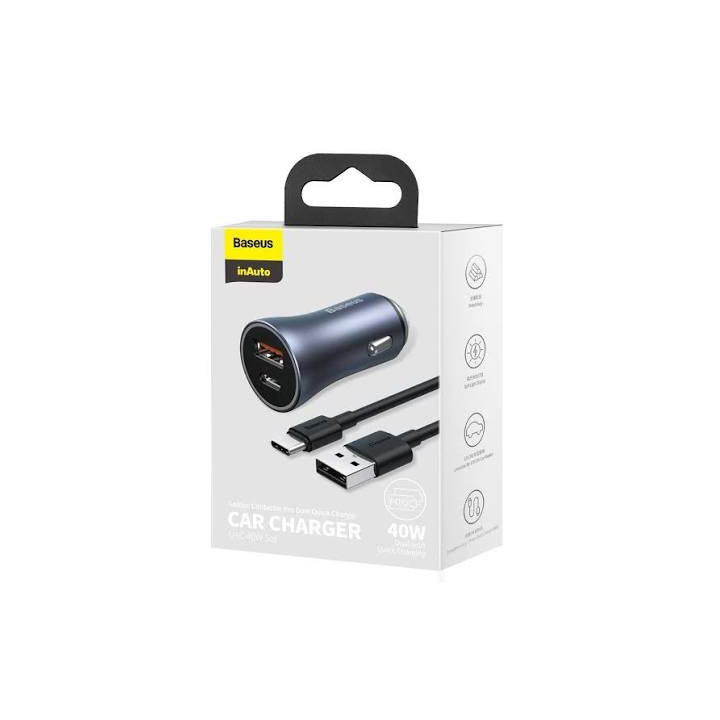 ŁAD SAMOCH BASEUS 40W USB-A+ USB-C +KABEL TYP C