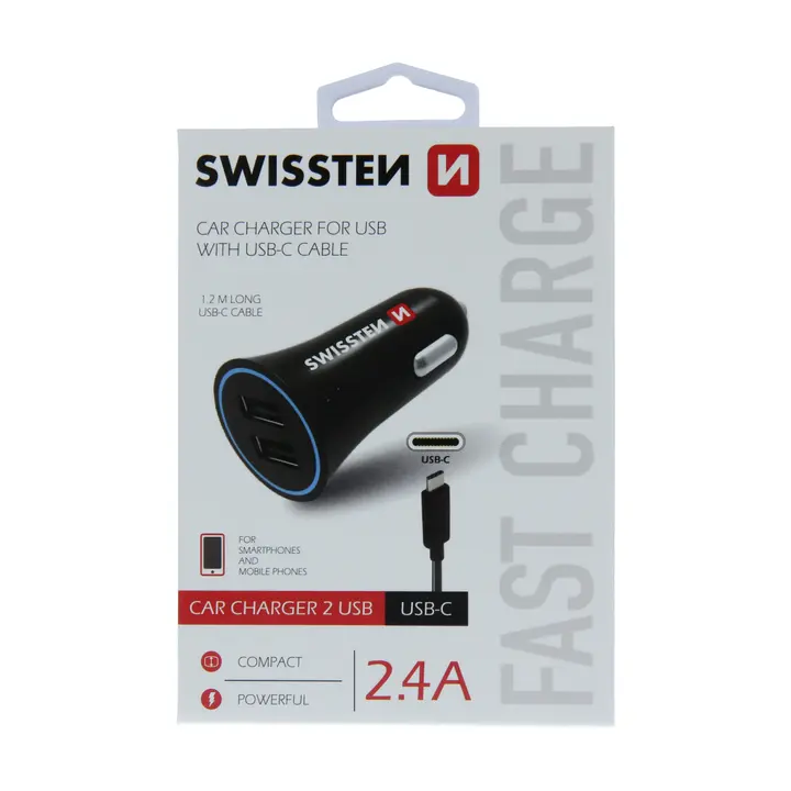 ŁAD SAMOCH SWISSTEN 2XUSB-A+KABEL BLACK