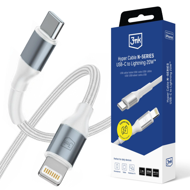 KABEL 3MK USB-C LIGHTNING 1M 3A PD20W WHITE