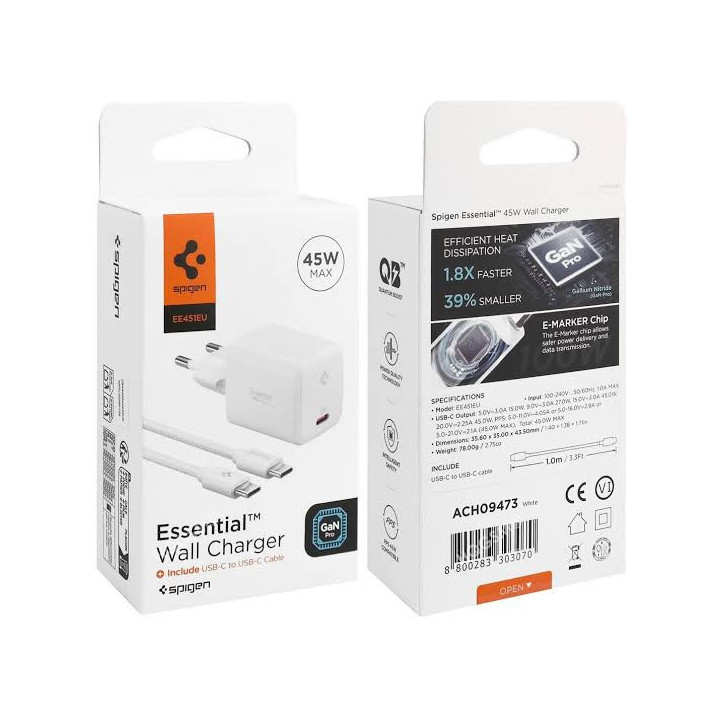 ŁAD SIECIOWA SPIGEN USB-C+KABEL 45W WHITE