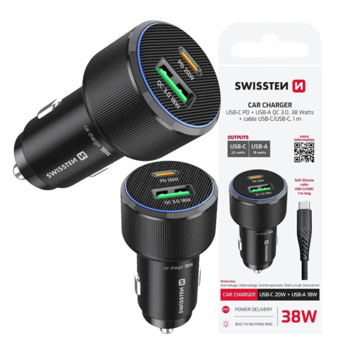 ŁAD SAMOCH SWISSTEN USB-C+USB-A+KABEL 38W BLACK