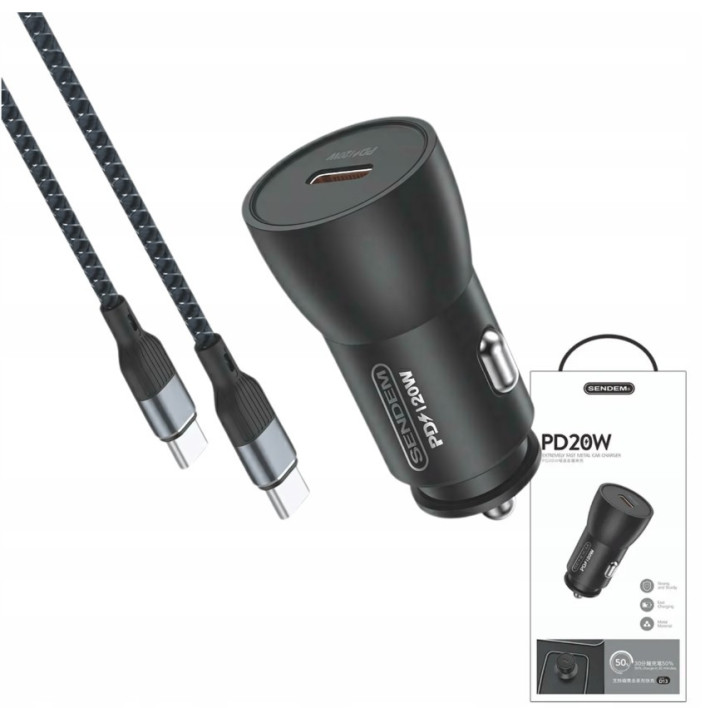 ŁAD SAMOCH SENDEM D13 USB-C 20W+KABEL USC-C/USB-C