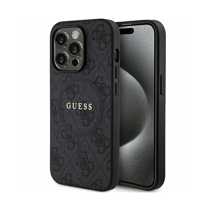 GUESS LEATHER LOGO METAL MAG IPHONE 15 PRO BLACK