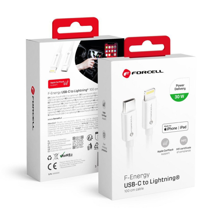 KABEL FORCELL MFI USB-TYP-C LIGHTNING 8-PIN WHITE