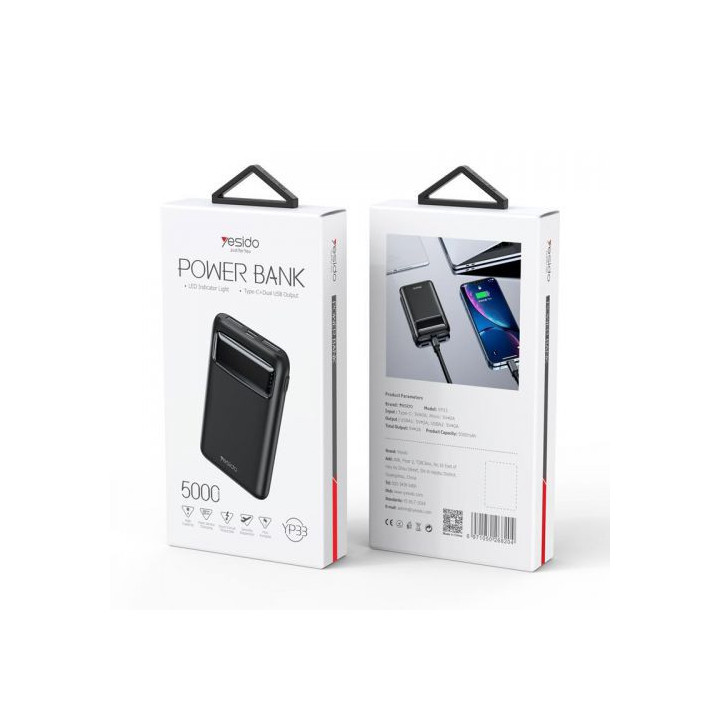 POWER BANK YESIDO 5000MAH LED BLACK