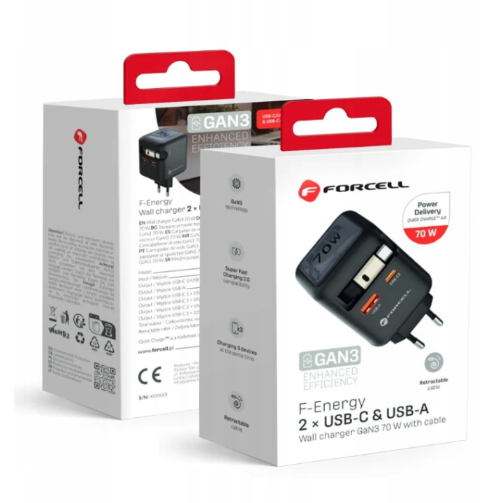 KOSTKA ŁAD SIEC FORCELL 70W USB-C+USB-A+KABEL ZWIJ