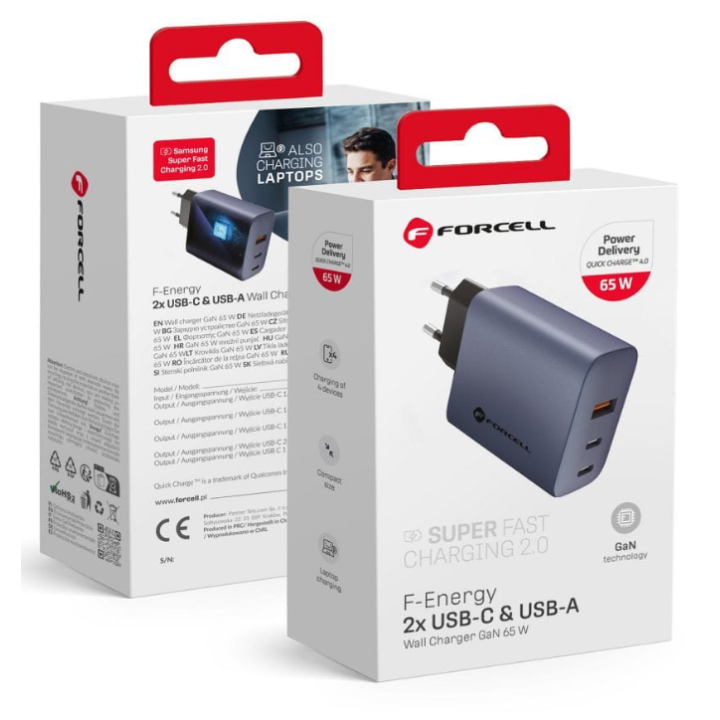 KOSTKA ŁAD SIEC FORCELL 2XUSB-C+USB-A 65W GAN3 4A