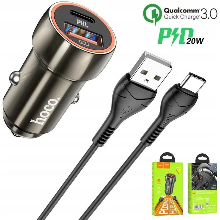 ŁAD SAMOCH USB TYP-C+KABEL 20W PD Z46A GRAY