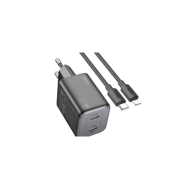 ŁAD SIEC HOCO 2XUSB-C+KABEL USB-C 45W BLACK
