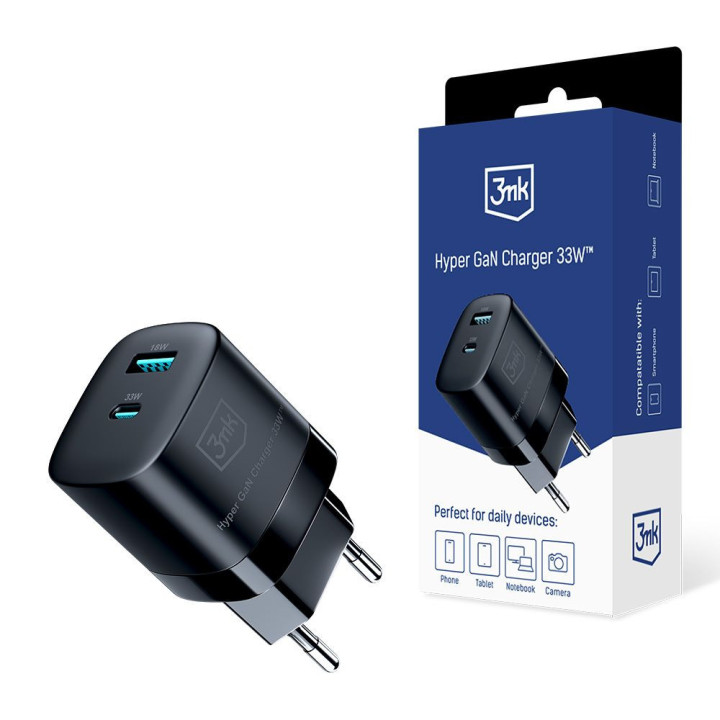 KOSTKA ŁAD SIEC 3MK 33W USB-C+USB-A PD BLACK