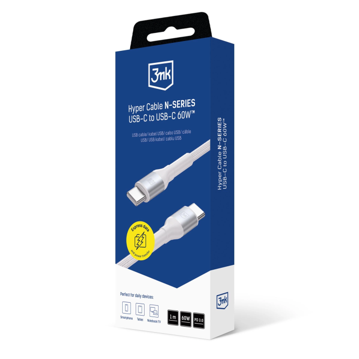 KABEL 3MK USB-C DO USB-C 1M 60W WHITE