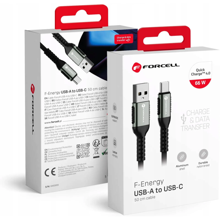 KABEL FORCELL USB-A TYP-C 66W 0,5M