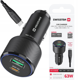 ŁAD SAMOCH SWISSTEN USB-C+USB-A+KABEL 63W BLACK