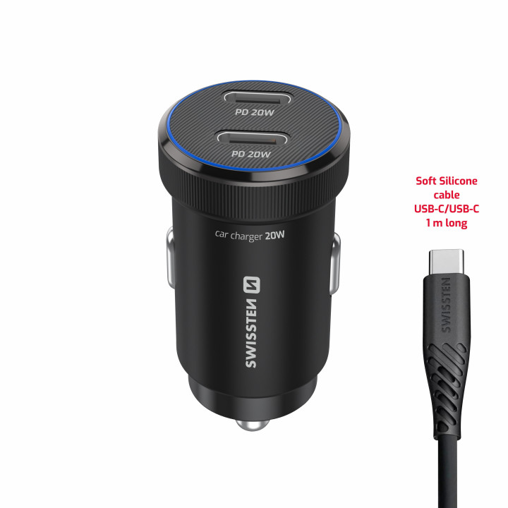 ŁAD SAMOCH SWISSTEN 2XUSB-C  20W+KABEL BLACK
